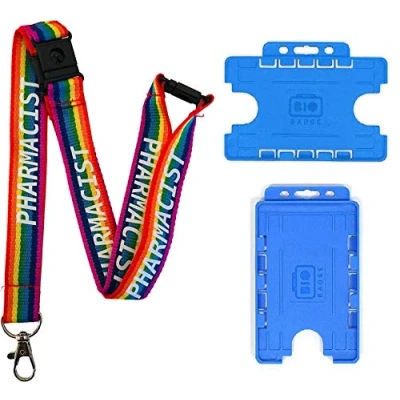 Image of 20mm Rainbow Pharmacist Neck Lanyard with 3 Point (Triple) Safety Breakaway &amp; Double Blue ID Card Holder (Horizontal Holder)