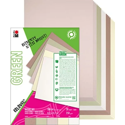 Image of Marabu 1612000000600 161200000600 Green Line Paper Pad DIN A4 Mix, 20 Sheets, Natural, Five Colours, Matte, 250 g/m², Acid and Carbon Free, Biodegradable, Multicoloured