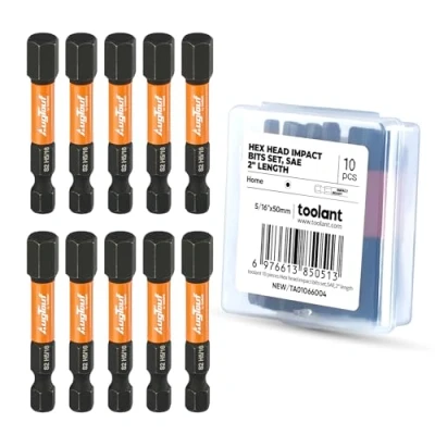 Image of toolant 5/16&quot; Impact Hex Head Allen Wrench Drill Bit Set 10pcs, 1/4 Shank S2 Steel Bits Set, CNC Machined Tips with Magnetism, 2 Long Storage Box