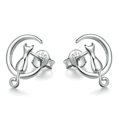Image of Stud Earrings Sterling Slver for Women Girls, Silver Cat Studs, Moon Silver, on Earrings, Ladies Small Set Sleeper Hypoallergenic