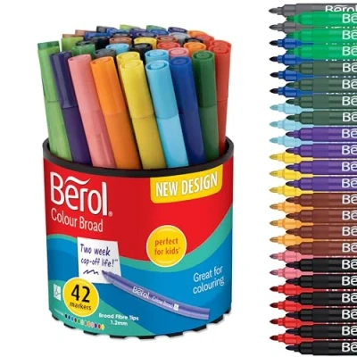 Image of Berol Felt Tip Colouring Pens Broad Point (1.2mm) Assorted Colours with Washable Ink Tub of 42 Markers