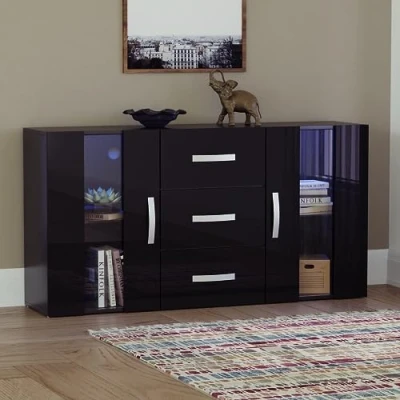 Image of Vida Designs Astro 2 Door 3 Drawer Modern LED Sideboard in Black, RGB Lights (Fade/Strobe Options Included), Wooden Matte Style with High Gloss Features