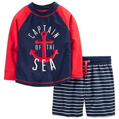 Image of Simple Joys by Carter&#039;s Toddler Boys&#039; Swimsuit Trunk and Rashguard Set, Navy Red Anchor/White Stripes, 5 Years