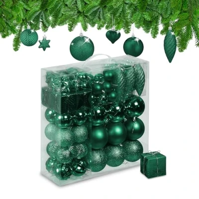Image of Christmas Bauble Set of 110, Glittery, Matt &amp; Shiny Ornaments, Plastic Xmas Tree Balls, HxD: 9 x 8 cm, Relaxdays