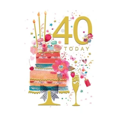 Image of Artistic Words n Wishes Female 40th Birthday Card Elegant Cake and Champagne Flute Beautiful Watercolour Effects Foil Finish Greeting for Her (WW K252)