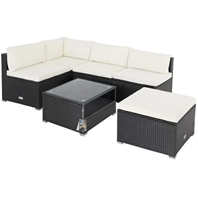 Image of CASARIA® Melbourne XL Polyrattan Garden Corner Lounge Furniture Set 5 Seater Weatherproof Seats with Cushions 5mm Safety Glass Top Table Outdoor Patio Sofa Black Cream