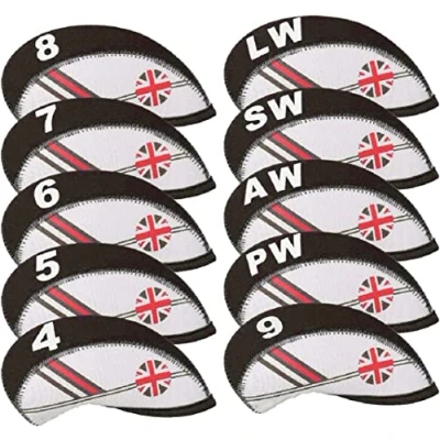 Image of TOHMLAPE Golf 10pcs White and Black UK Union Jack Flag Patterned Neoprene Club Iron Head covers cover set Headcovers Protect Case With Large Number Tags