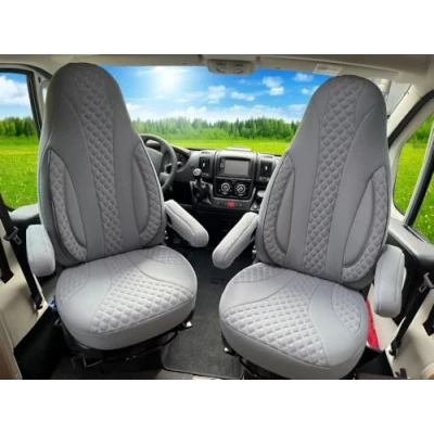 Image of BREMER SITZBEZÜGE PL409 Pilot Seat Covers Compatible with Motorhome Camper Hymer Ducato Accessories Set of 2 Including Armrest in Grey