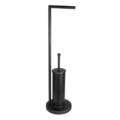 Image of 2 in 1 Combination Freestanding Toilet Roll and Brush Holder Black, Matte Stainless Steel Stand with Holder, No Drilling Required, Rustproof