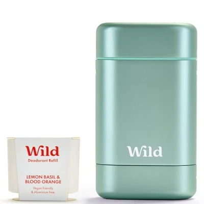 Image of Wild Natural Refillable Deodorant Starter Kit with Aqua Case and Lemon Basil &amp; Blood Orange Scented Refill (40g) Aluminium Free Long Lasting Protection Vegan