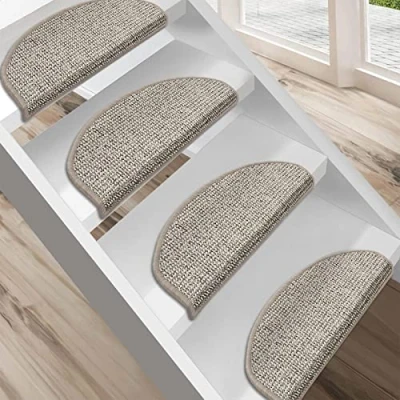 Image of FLODI. Carpet Stair Mats, Carlton, Set of 15 Pieces, Self Adhesive Anti Slip Tread Staircase Step Mats Runner Pads (Grey Beige Mottled, Semicircular 23 x 65 cm)
