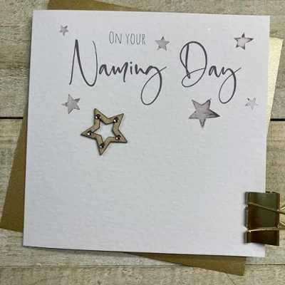 Image of WHITE COTTON CARDS WOODEN STAR NAMING DAY CARD, HAND FINISHED (S360)