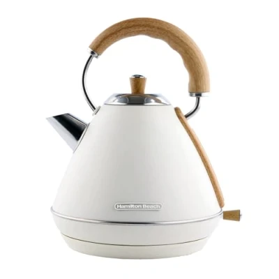 Image of Hamilton Beach Electric Kettle, Scandi 1.7L, Pyramid, Boil Dry Protection, Auto Shut Off, Water Level Window, Stay Cool Handle, Ergonomic Grip, Matte Cream with Wood Effect HBK02MC