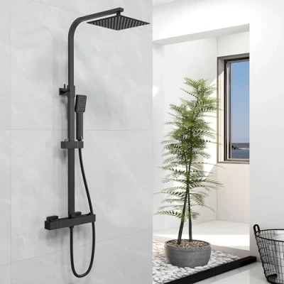 Image of Biubiubath Thermostatic Shower Set, Anti Scald Exposed Valve, Height Adjustable Mixer Square Hand &amp; 8 inches (200mm) Overhead Rainfall Shower, Matt Black