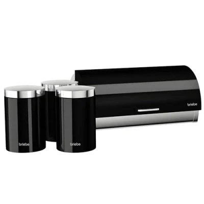 Image of briebe Table Bread Bin Set + of 3 Kitchen Storage Cans, Stainless Steel, Container for Storing and Bakery, Sliding Lid, Modern Design, Box, Black/Stainless Steel