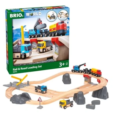 Image of BRIO World Rail and Road Loading Train Set for Kids Age 3 Years Up Wooden Railway Accessories Add Ons