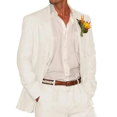 Image of Men&#039;s Notch Lapel White Linen Business 2 Piece Suit Wedding Groomsmen Tuxedos 48/42