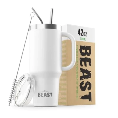 Image of Beast Tumbler 1300 ml (42 oz), Arctic White Reusable Stainless Steel, Vacuum Insulated Cup with + 2 Straws &amp; Cleaning Brush Double Wall Travel Flask Perfect for Hot or Iced Coffee BPA Free