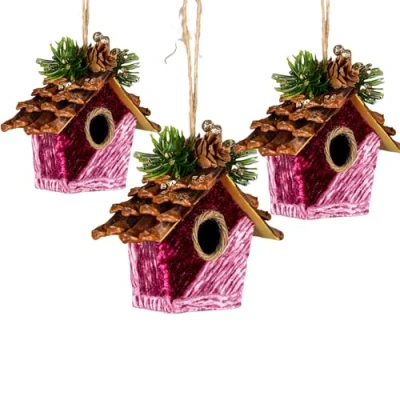 Image of 3Pcs Pink Burgundy Birdhouse 10x11cm Christmas Tree Hanging Decorations Festive Decorative Ornaments Fairy Tale Themed Xmas Pendant
