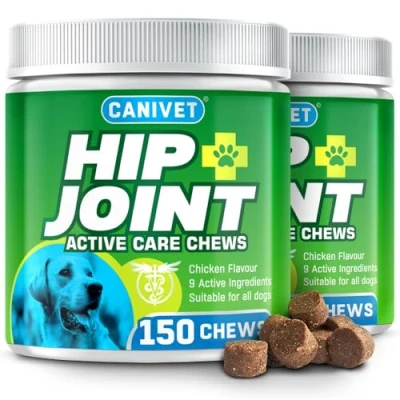 Image of CANIVET dog joint Care Supplements 300 Chews With Green Lipped Mussel, Glucosamine &amp; Chondroitin, Hemp Oil, MSM, Hyaluronic Acid, Manganese and Vitamins for care. Aids stiff joints.