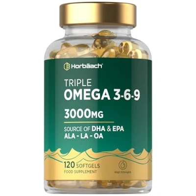 Image of Triple Omega 3 6 9 Capsules 3000mg 120 Softgels 369 with EPA, DHA &amp; ALA from Fish Oil, Flaxseed Sunflower by Horbaach