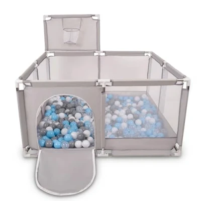 Image of Selonis Square Play Pen Filed with 200 Balls Basketball, Grey:Grey/White/Transparent/Babyblue