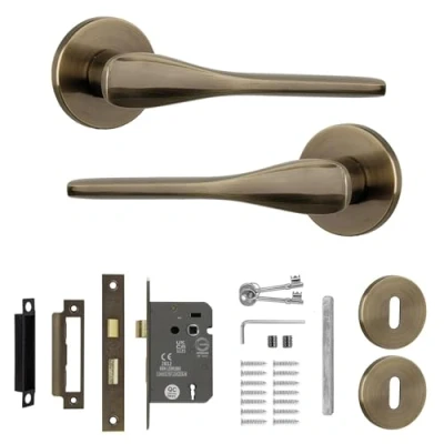 Image of Decoranddecor Antique Brass Door Handles Aluminium Handle Sets for Wooden Interior Doors Internal with Lock and Keys Verita Range