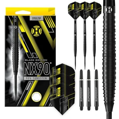 Image of Harrows NX90 Black EDITION 90% Tungsten Steel Tip Darts Set 21g, 22g, 23g, 24g, 25g &amp; 26g Includes Supergrip Midi Shafts Micron Flights 24g