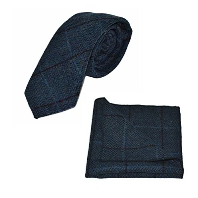 Image of King &amp; Priory Luxury Aegean Blue Herringbone Check Tie Pocket Square Set, Tweed