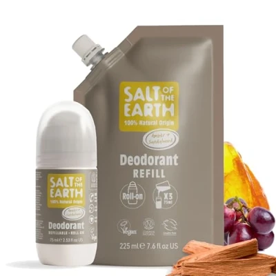 Image of Salt of the Earth Natural Refillable Roll On Deodorant 75ml &amp; Refill Pouch Bundle 225ml Amber Sandalwood 100% Origin Ingredients Made in UK
