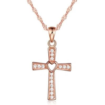 Image of Infinite U Classic Heart Cross Pendant 925 Sterling Silver Cubic Zirconia Necklace for Women/Girls, Rose Gold/Silver (Rose Gold)
