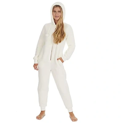 Image of Evotex Trading Womens Cream Borg Fleece Hooded Onesie All in One Jumpsuit Pyjamas Size Large/XL (16 18)