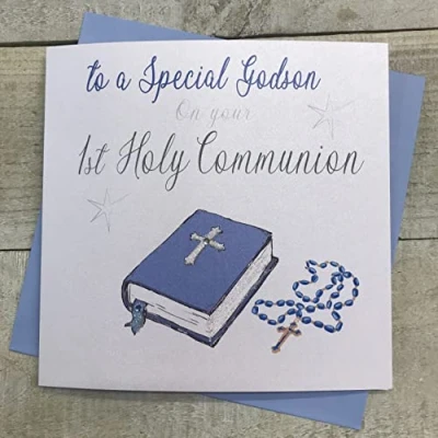 Image of WHITE COTTON CARDS SPECIAL GODSON, 1ST HOLY COMMUNION GREETING CARD, BLUE BIBLE DESIGN. HAND FINISHED (N89 GODS)