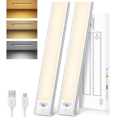 Image of Under Cabinet Kitchen Lights 84LED, 2 Pack Motion Sensor Indoor Cupboard (32cm), Rechargeable Magnetic Wardrobe for Closet, Kitchen, Stair, Hallway