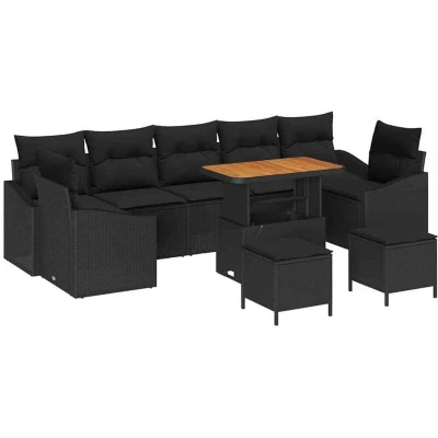 Image of vidaXL 10 Piece Garden Sofa Set with Cushions Black Poly Rattan Acacia