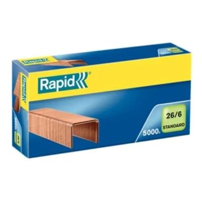 Image of Rapid 26/6mm Standard Staples, For Stapling up to 20 Sheets, Use with Desktop and Electric Staplers, Copper Plated, Box of 5000, 24862100