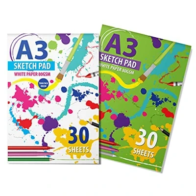 Image of 2 Packs of A3 Sketchbook Drawing Paper Kids Coloring Book and Art Easy to Use Doodle Pad with 80 GSM 30 Sheets Each Total 60