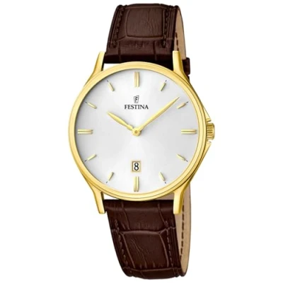 Image of Festina Men&#039;s Quartz Watch with White Dial Analogue Display and Brown Leather Strap F16747/1