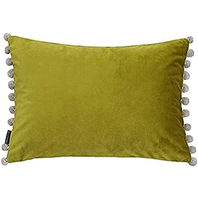 Image of Riva Paoletti Fiesta Rectangular Feather Filled Cushion Green Beige Pompom Edges Faux Velvet Fabric Discreet Zip Closure 100 Case (14&quot; x 20&quot; inches), Polyester, Bamboo/Natural, 35 50cm