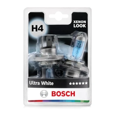 Image of Bosch H4 (472) Ultra White Halogen Headlight Bulb, 12V 60/55 W, Modern LED Look Socket Type P43t Pack of 2 Replacement Car Light Bulbs
