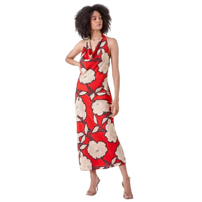 Image of Roman Originals Floral Print Satin Bias Cut Dress for Women UK Ladies Everyday Holiday Spring Summer Cowl Neckline Comfy Soft Evening Vacation Work Party Orange Size 12