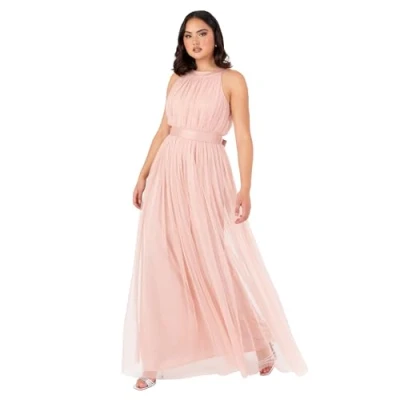 Image of Anaya with Love Women&#039;s Ladies Maxi Dress Halter Neck Long Sleeveless Belt A Line Evening Gown Ball Prom Wedding Guest Bridesmaid, Blush Peach, 16