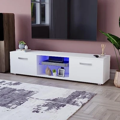 Image of Vida Designs Cosmo LED TV Unit 2 Door Modern Gloss Matte MDF Living Room Cabinet Media Stand Furntiure RGB Light White 160cm