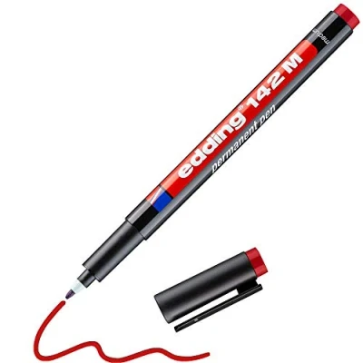 Image of edding 142 M permanent pen red 1 round nib mm for writing on glass, plastic, foils and smooth surfaces permanent, quick drying, smudge proof waterproof