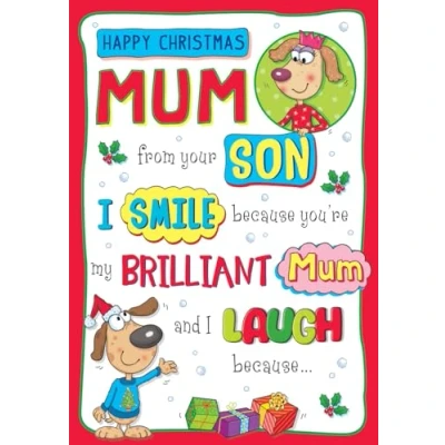 Image of Regal Publishing Humour Funny Christmas Card, Mum from Son, 2 dogs 9 x 6 inches Piccadilly Greetings