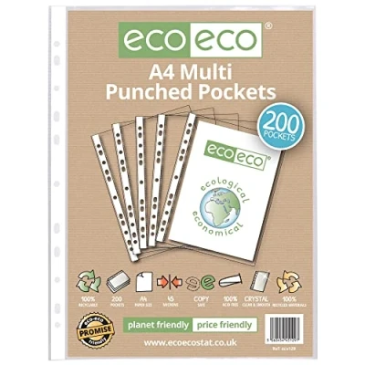 Image of eco A4 100% Recycled Multi Punched Pockets Glass Clear, Transparent Poly Wallet Sheet Protector, 45 Microns, 200 Wallets, eco129,