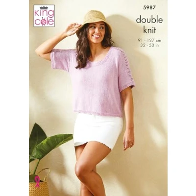 Image of King Cole Ladies DK Knitting Pattern Scoop or V Neck Lace Sleeve Top (5987)