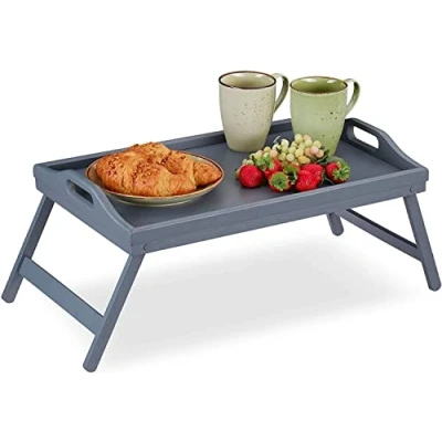 Image of MantraRaj Bamboo Bed Tray Table with Handles &amp; Foldable Legs Multipurpose Lap for Breakfast Serving in Bed, Sofa, Eating, Platters, Working, Drawing, Laptop Stand Snack (Grey)