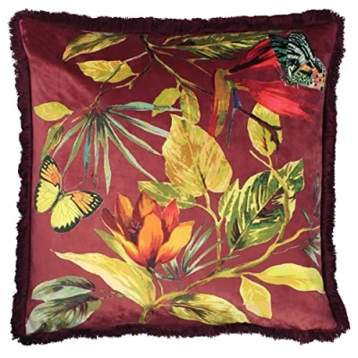 Image of Paoletti Cahala Tropical Fringed Velvet Feather Filled Cushion Berry One Size