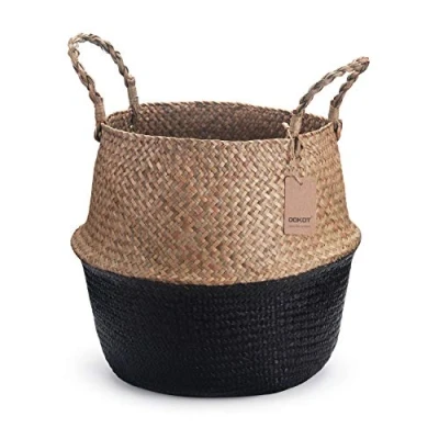 Image of Seagrass Belly Basket Natural Woven Plant Pot Foldable with Handles for Storage Laundry Blankets Toys (Natural + Black)
